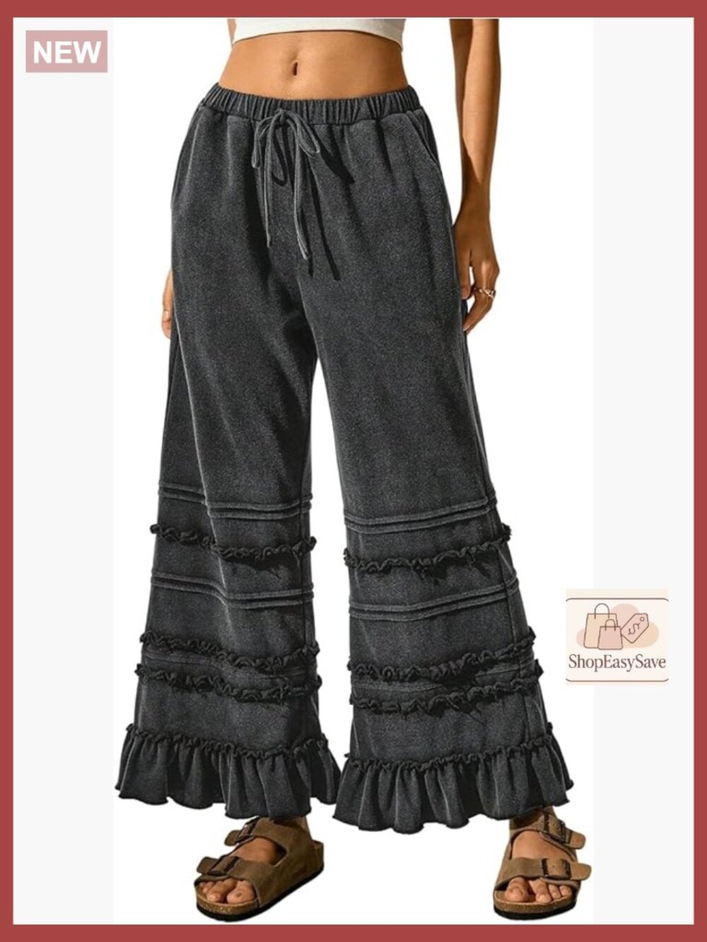 Wide Leg Palazzo Pants Drawstring Elastic Waist Ruffle Hem Loose Stretchy